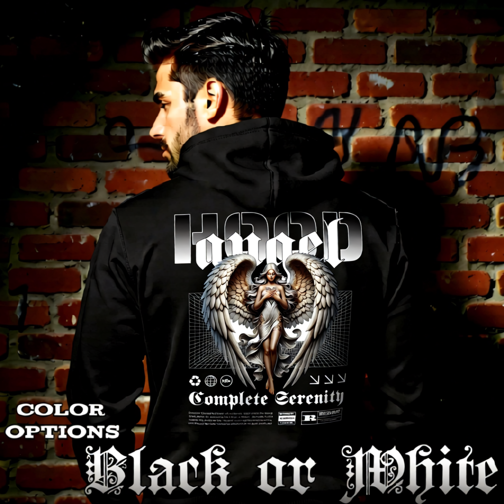 Model wearing gothic angel graphic oversized hoodie with dark art design. 