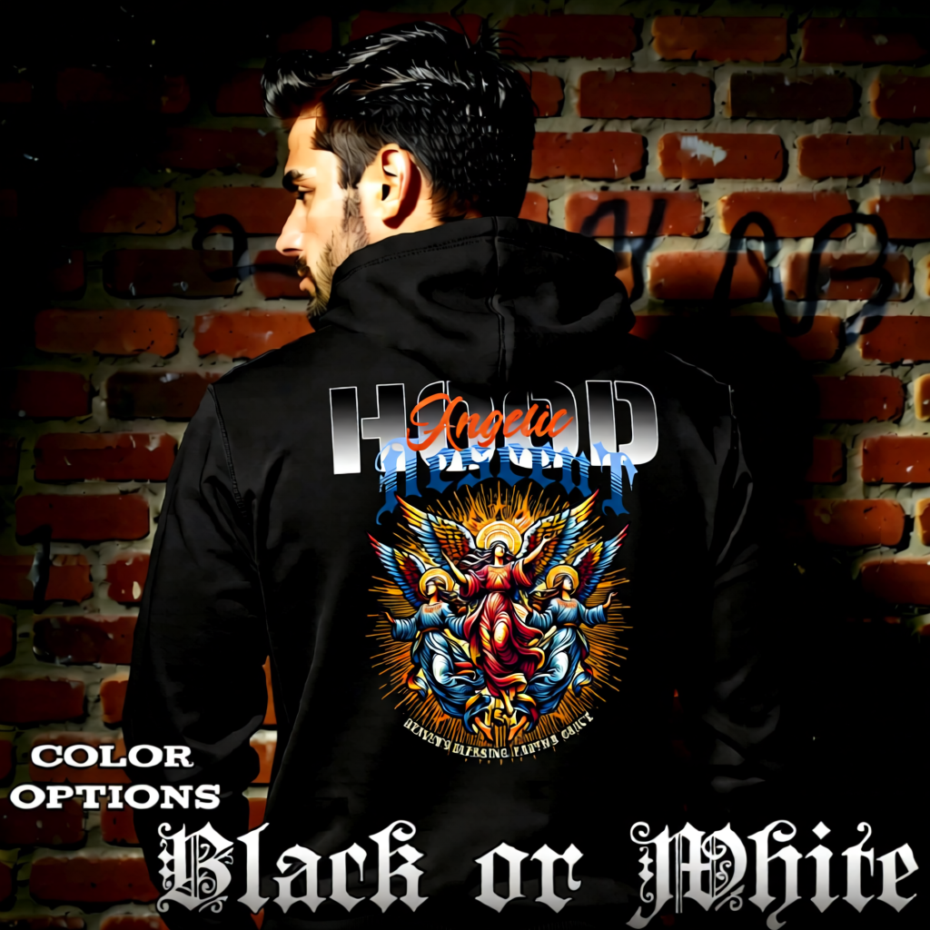 Model wearing gothic angel graphic oversized hoodie with dark art design.