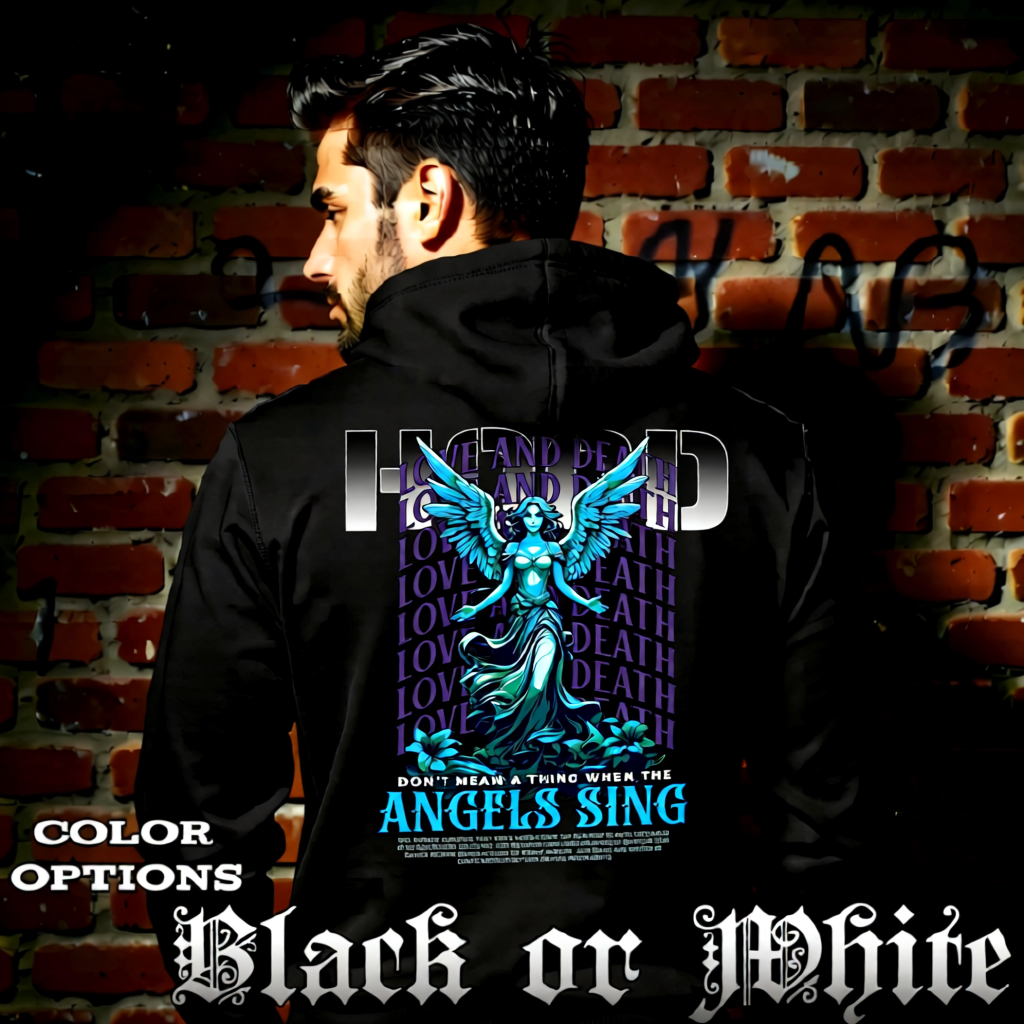 Model wearing gothic angel graphic oversized hoodie with dark art design. 