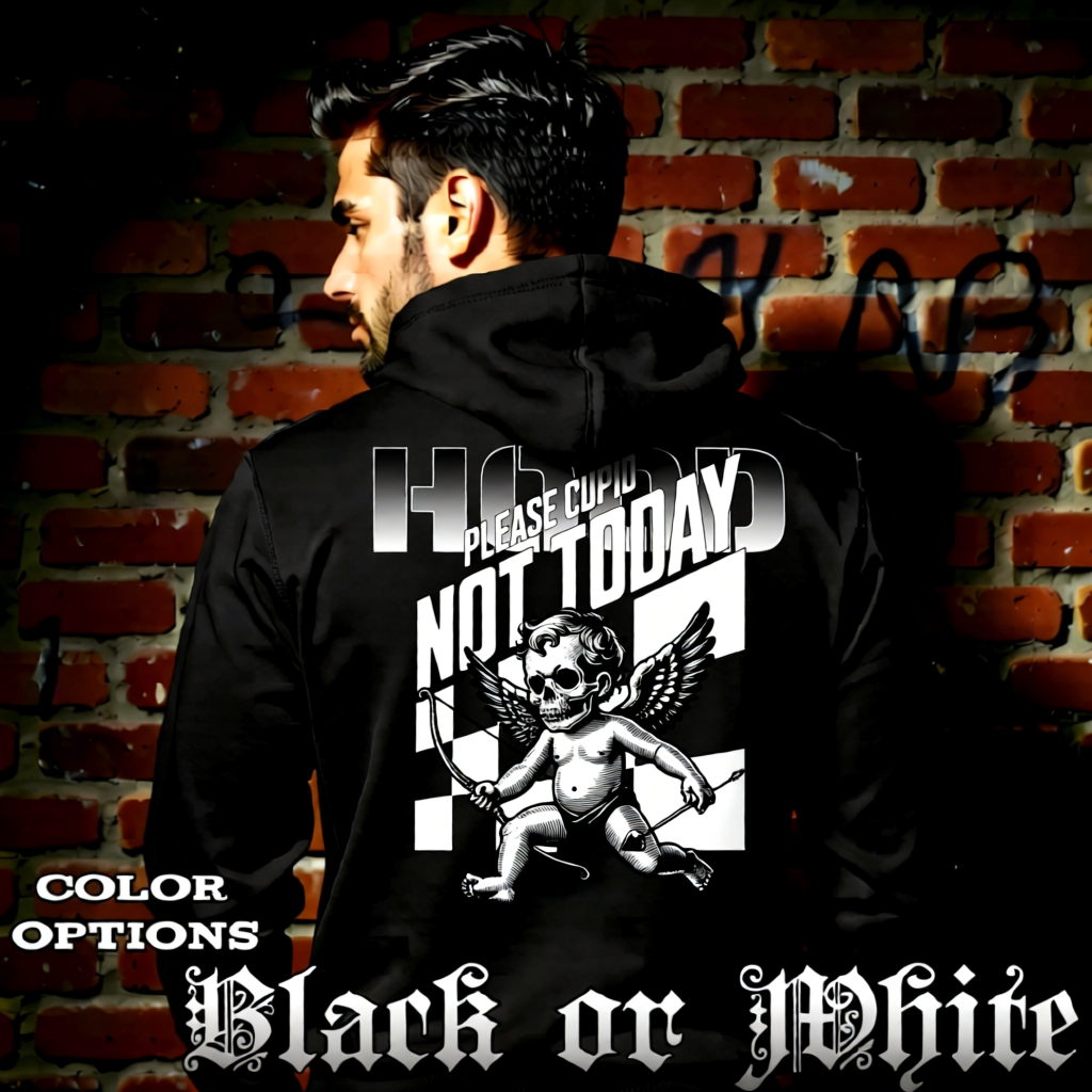 Model wearing gothic angel graphic oversized hoodie with dark art design. 