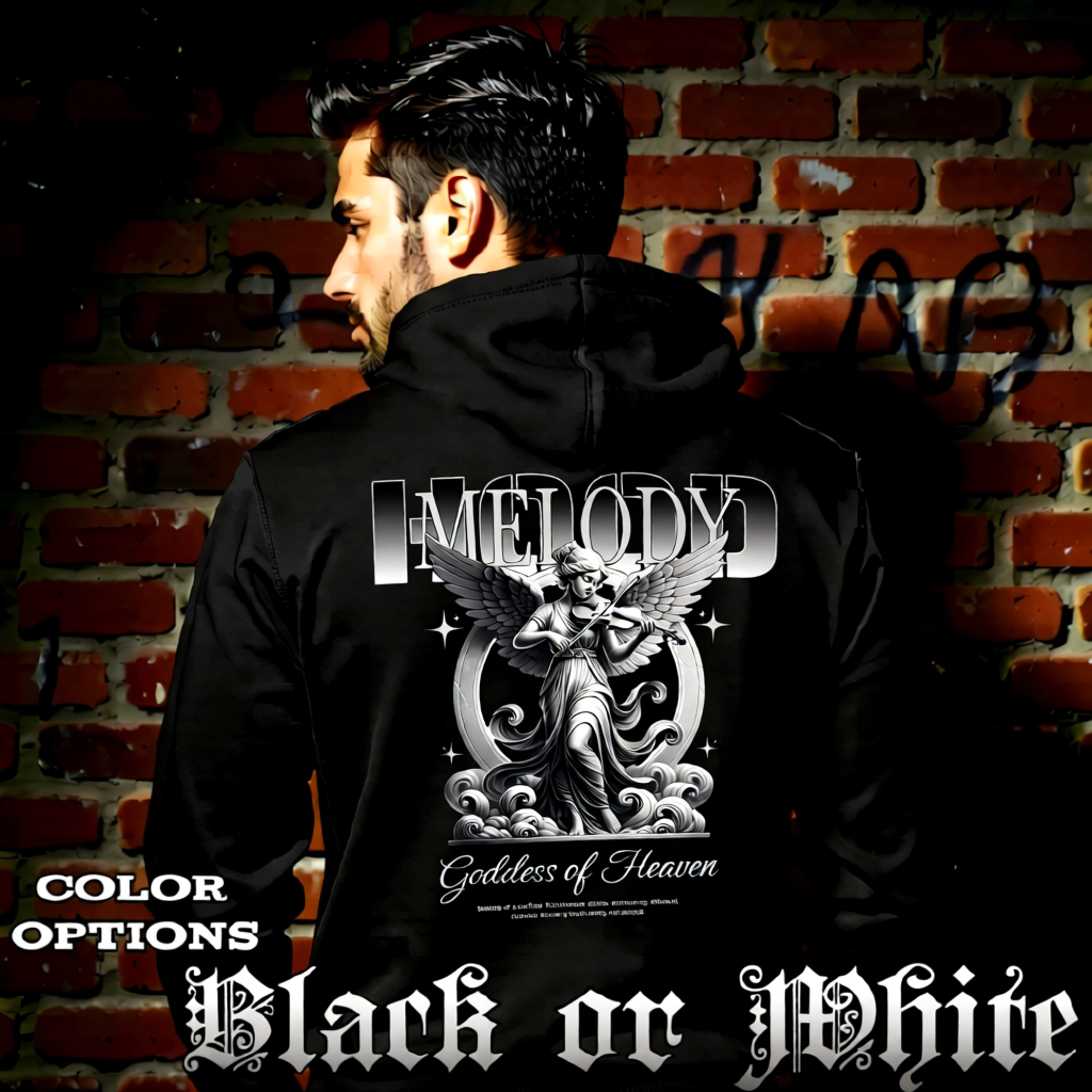 Model wearing gothic angel graphic oversized hoodie with dark art design. 