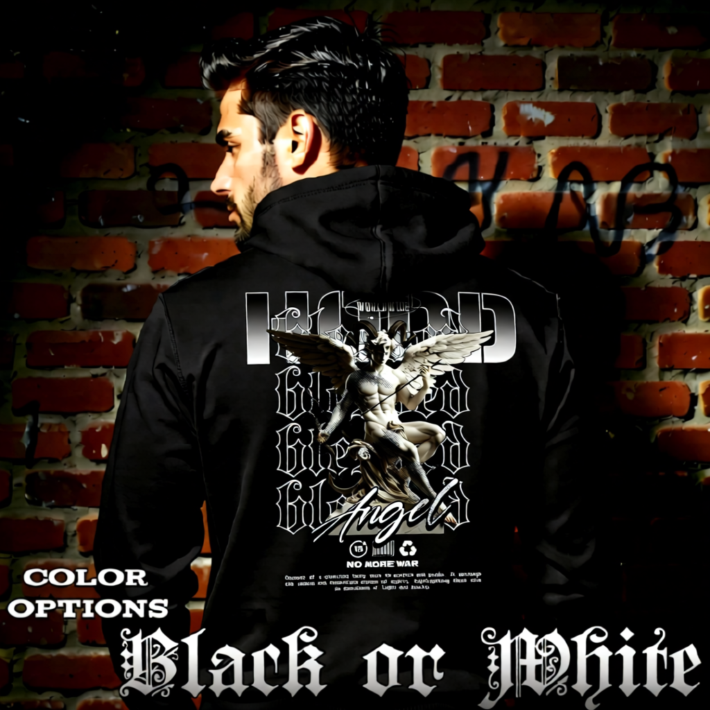 Model wearing gothic angel graphic oversized hoodie with dark art design. 