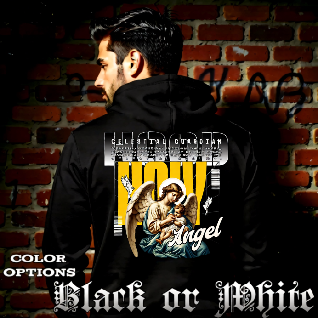 Model wearing gothic angel graphic oversized hoodie with dark art design. 