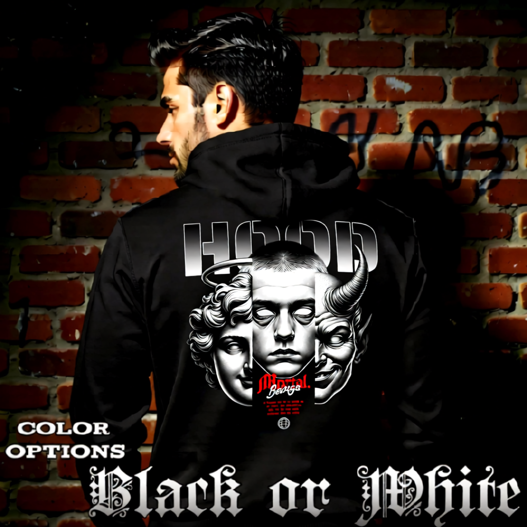 Model wearing gothic angel graphic oversized hoodie with dark art design. 