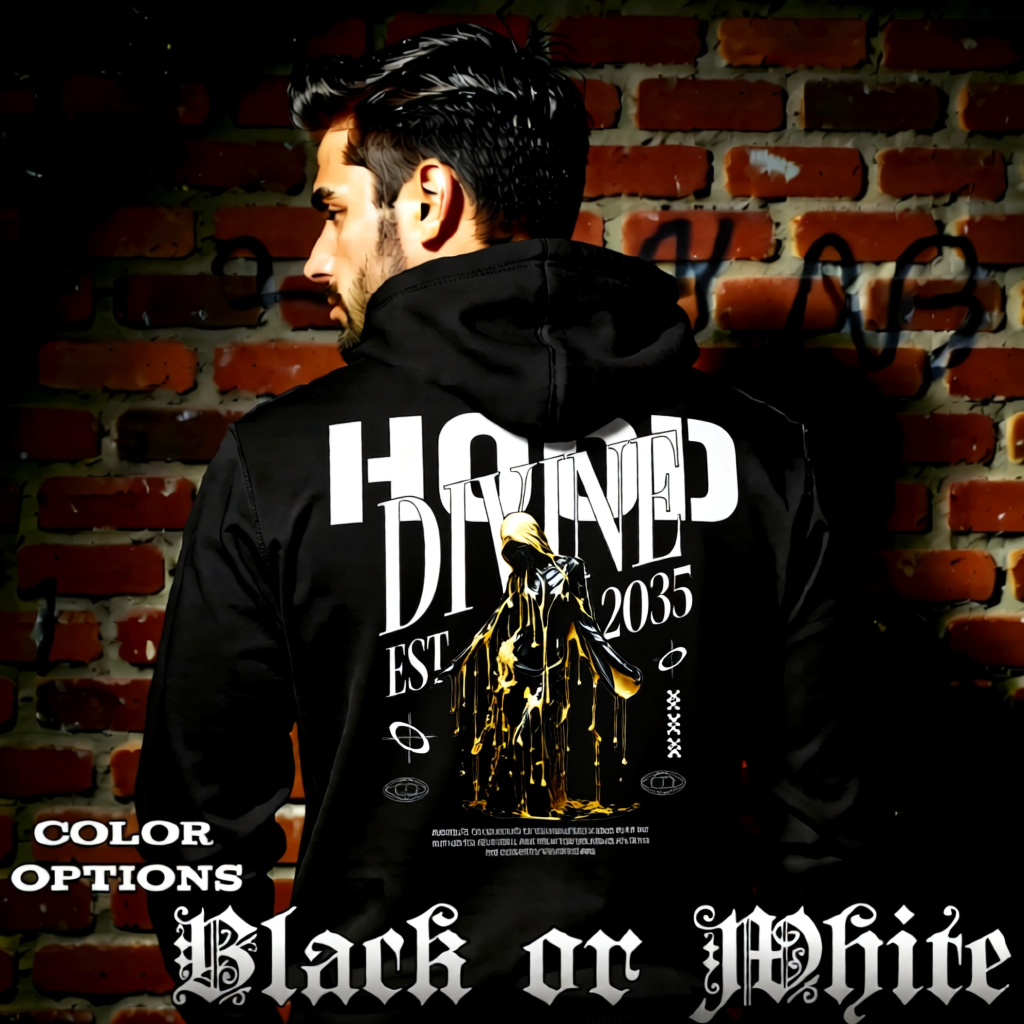 Divine Drip gold liquid pour oversized streetwear hoodie avant-garde Project Hood black display