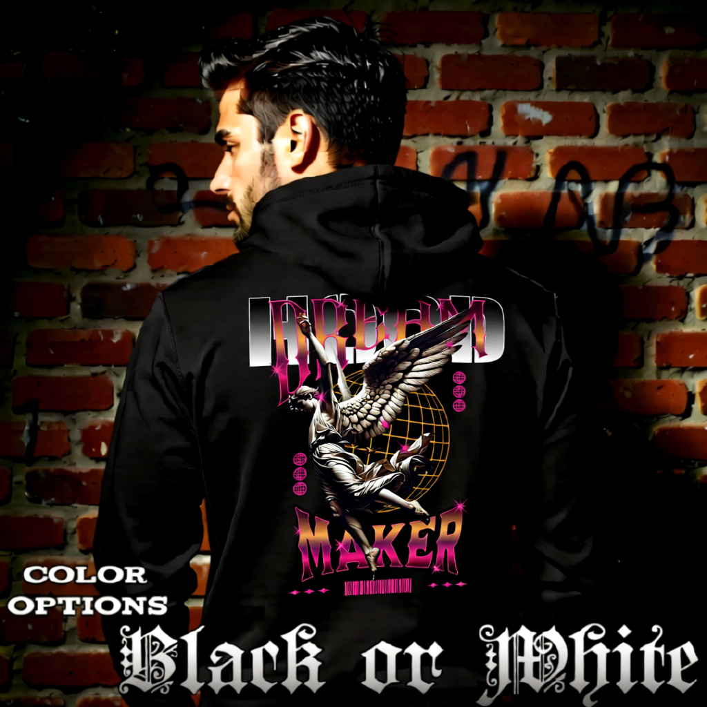 Model wearing gothic angel graphic oversized hoodie with dark art design. 