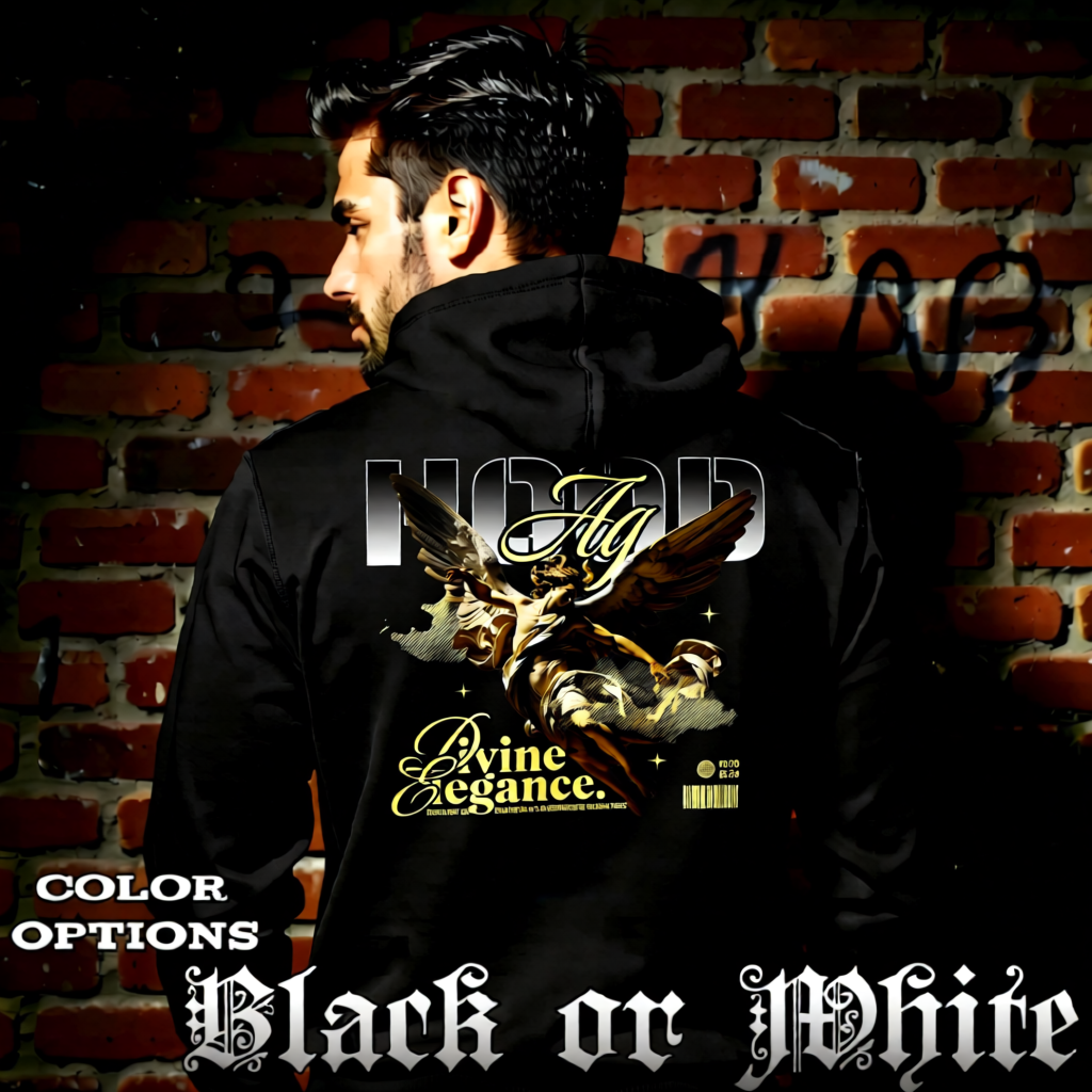Model wearing gothic angel graphic oversized hoodie with dark art design. 