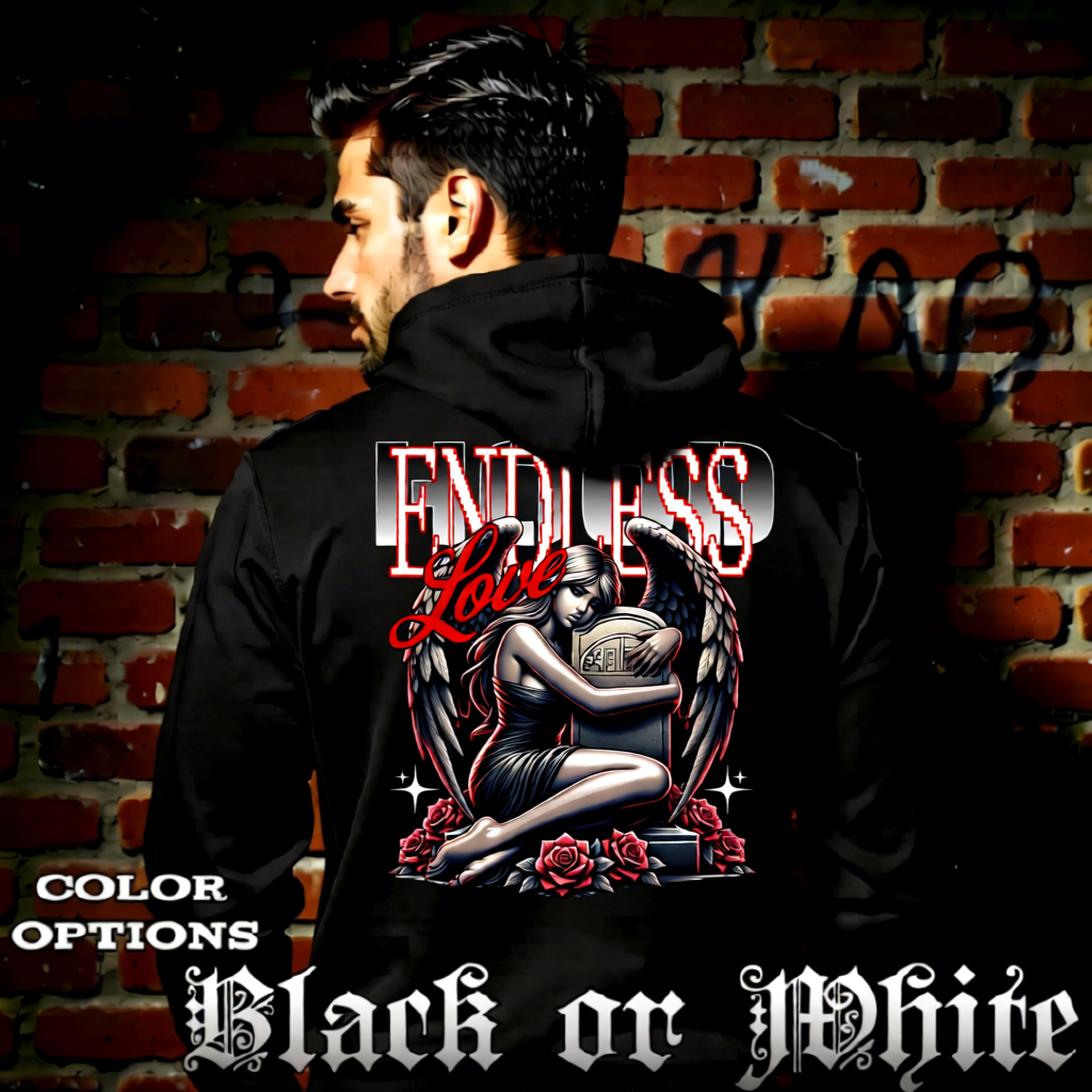 Model wearing gothic angel graphic oversized hoodie with dark art design. 