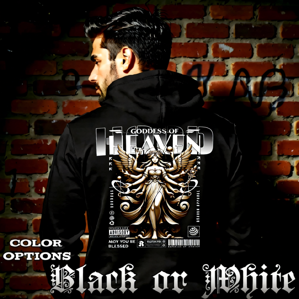 Model wearing gothic angel graphic oversized hoodie with dark art design. 