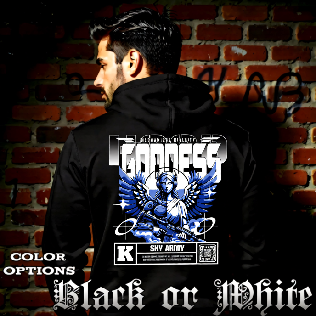 Model wearing gothic angel graphic oversized hoodie with dark art design. 
