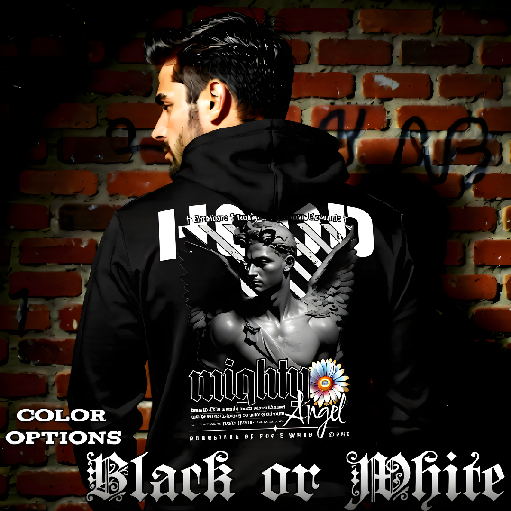 Mighty Angel Oversized Streetwear Hoodie Black Psalm marble angel Project Hood front