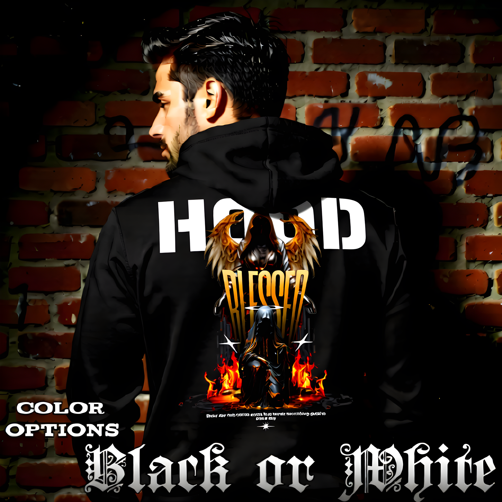Model wearing gothic angel graphic oversized hoodie with dark art design. 