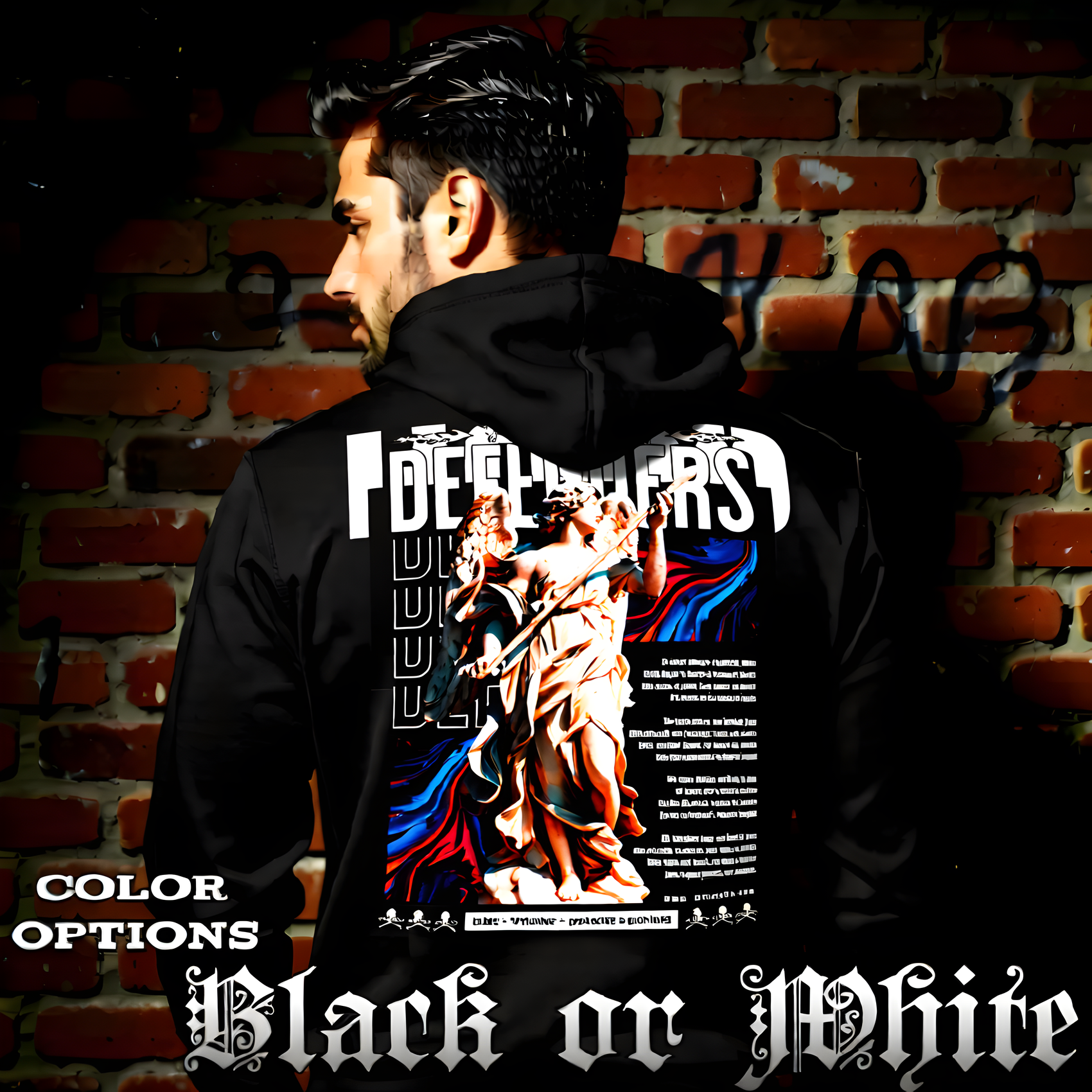 Model wearing gothic angel graphic oversized hoodie with dark art design. 
