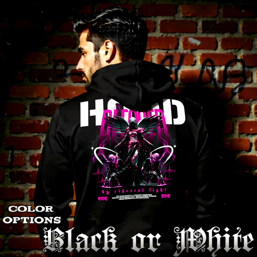 Model wearing gothic angel graphic oversized hoodie with dark art design. 
