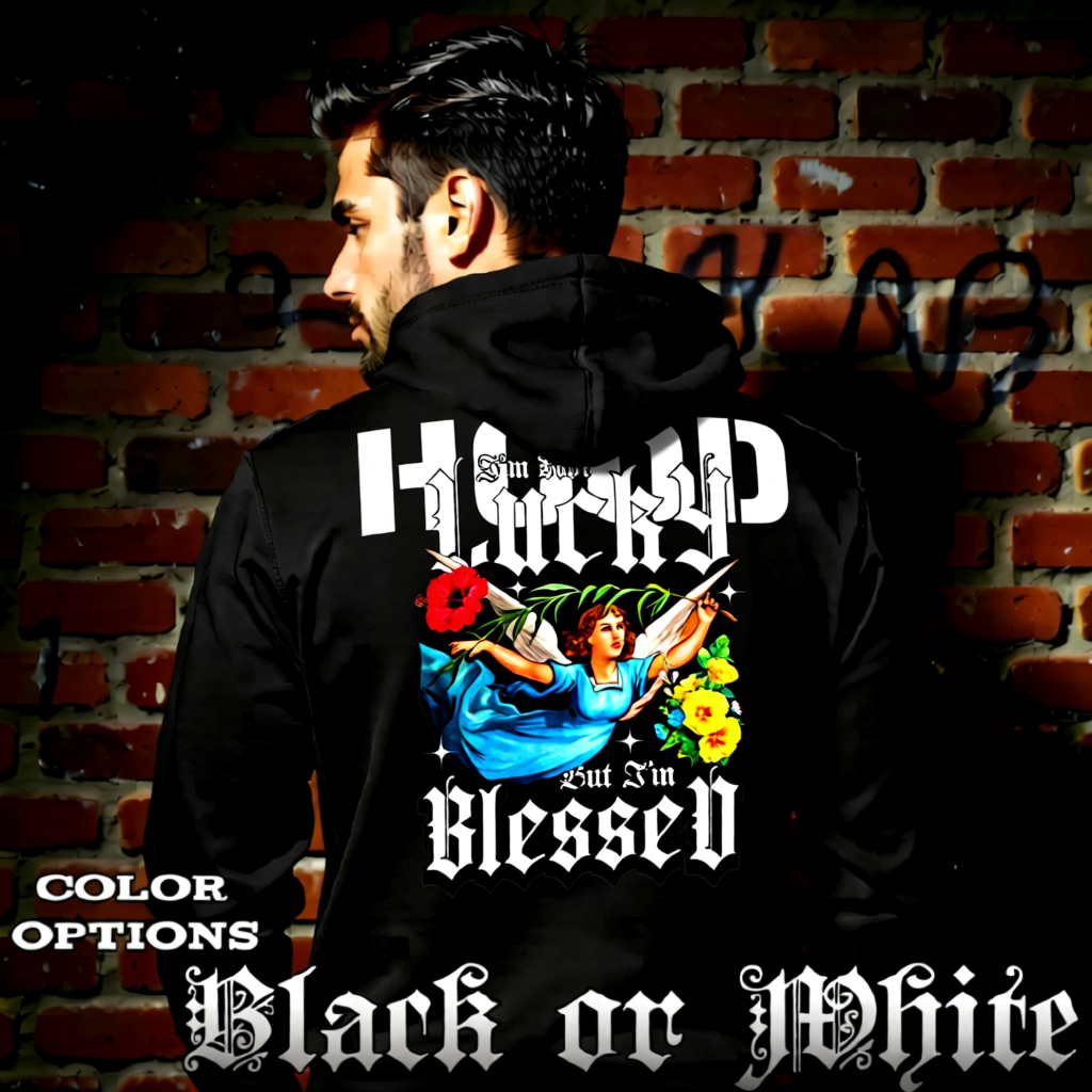 Model wearing gothic angel graphic oversized hoodie with dark art design. 