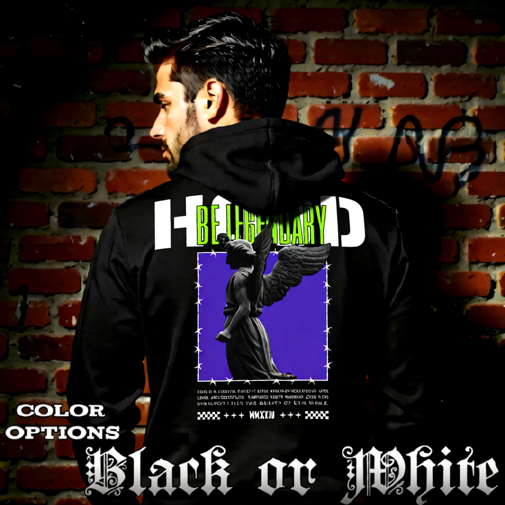 Model wearing gothic angel graphic oversized hoodie with dark art design. 