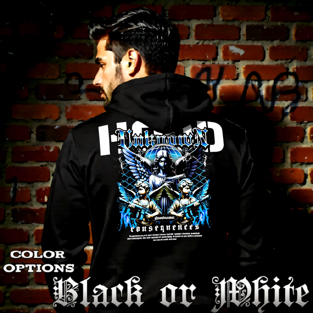 Model wearing gothic angel graphic oversized hoodie with dark art design. 