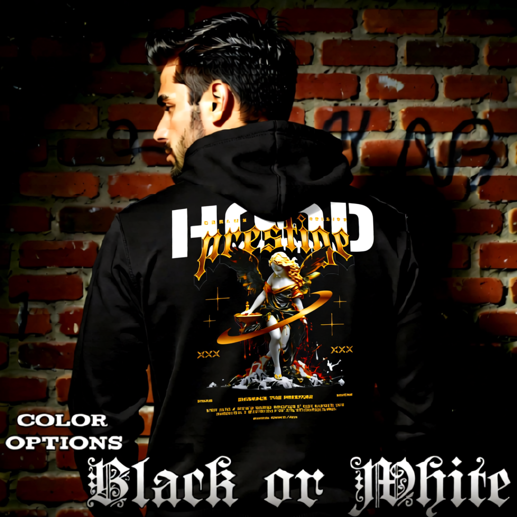 Model wearing gothic angel graphic oversized hoodie with dark art design. 