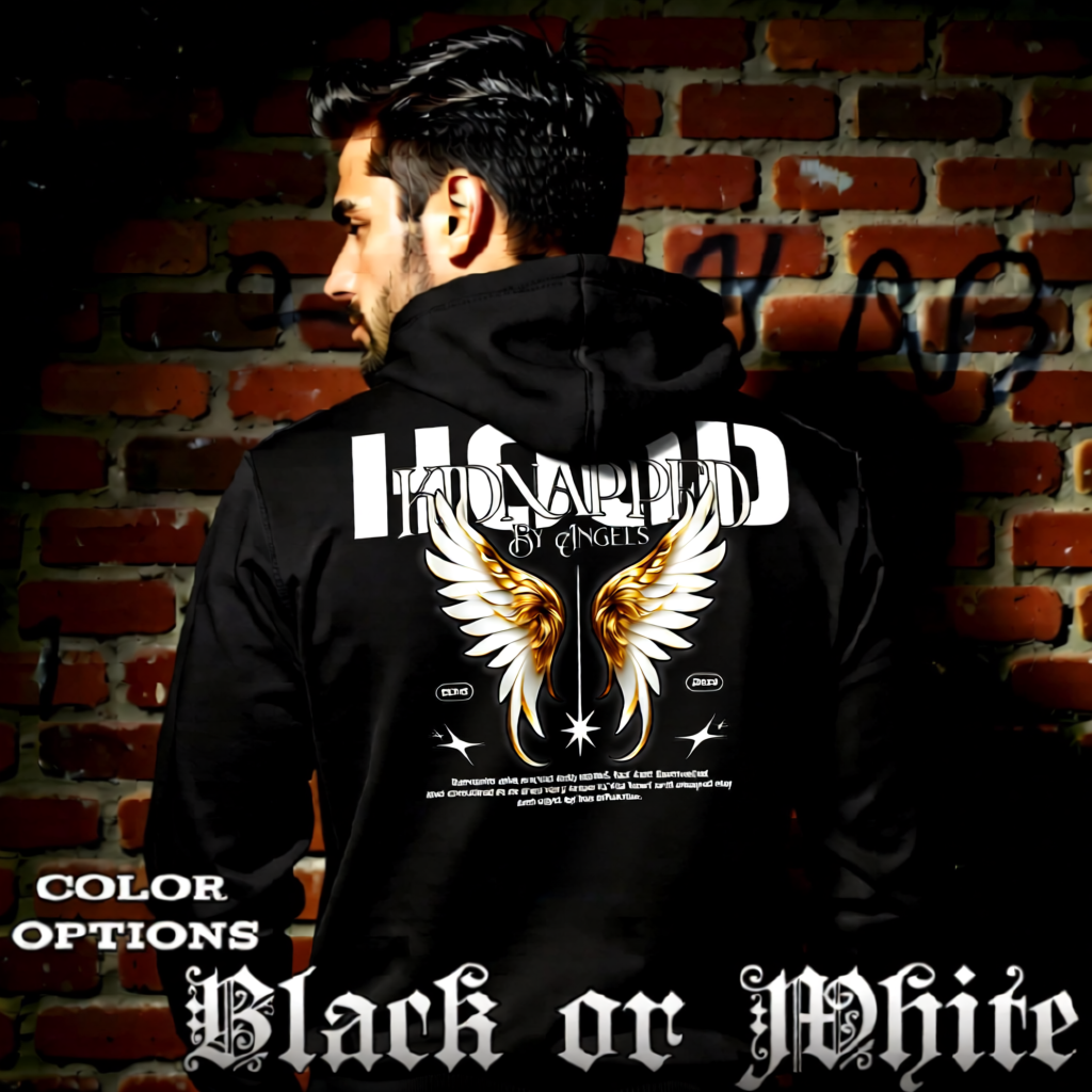 Model wearing gothic angel graphic oversized hoodie with dark art design. 