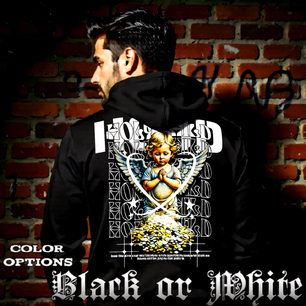 Model wearing gothic angel graphic oversized hoodie with dark art design. 