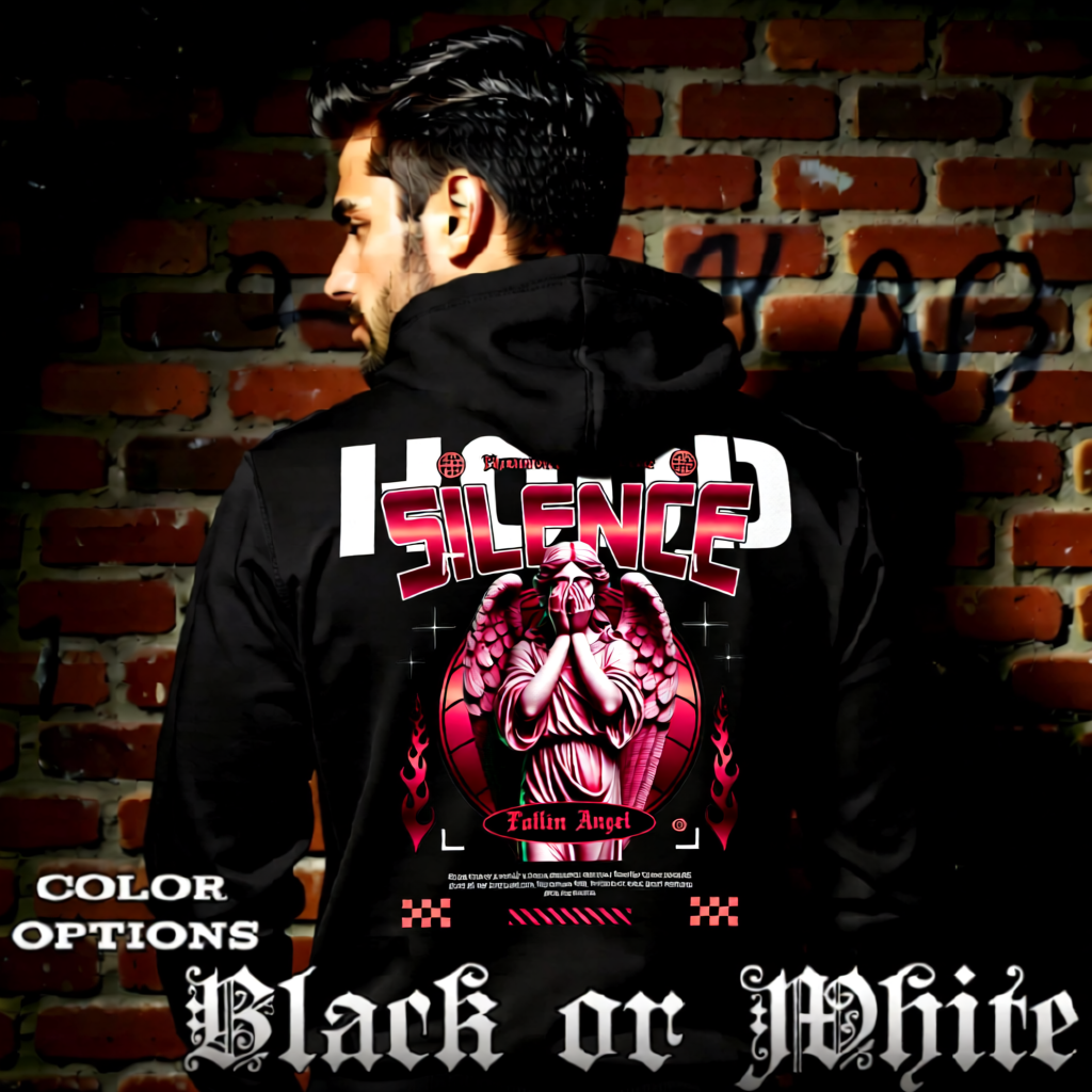 Model wearing gothic angel graphic oversized hoodie with dark art design. 