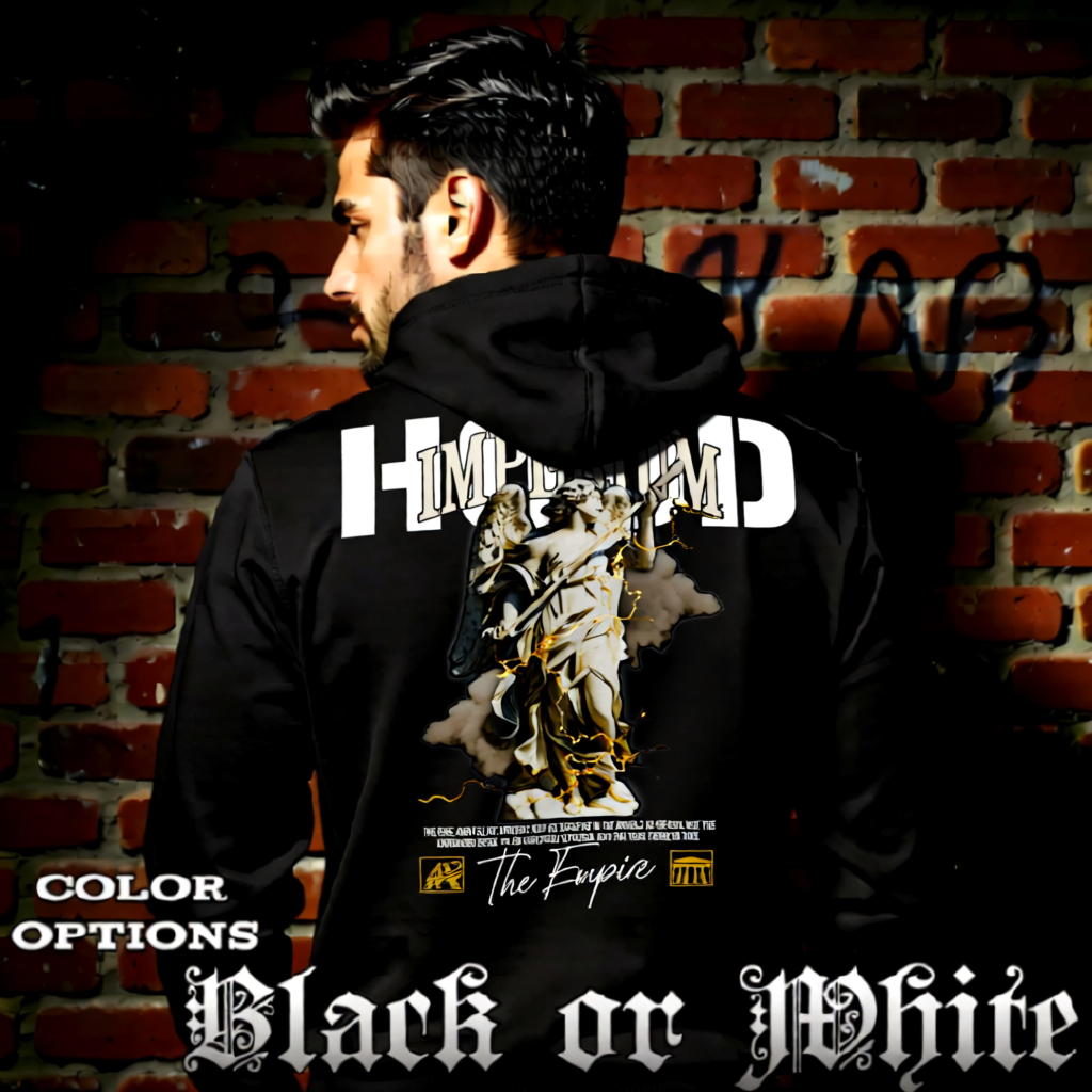 Model wearing gothic angel graphic oversized hoodie with dark art design. 