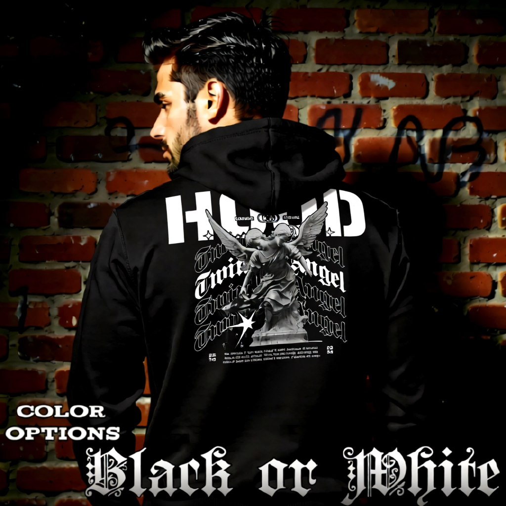 Model wearing gothic angel graphic oversized hoodie with dark art design. 