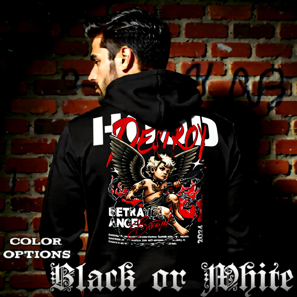 Model wearing gothic angel graphic oversized hoodie with dark art design. 