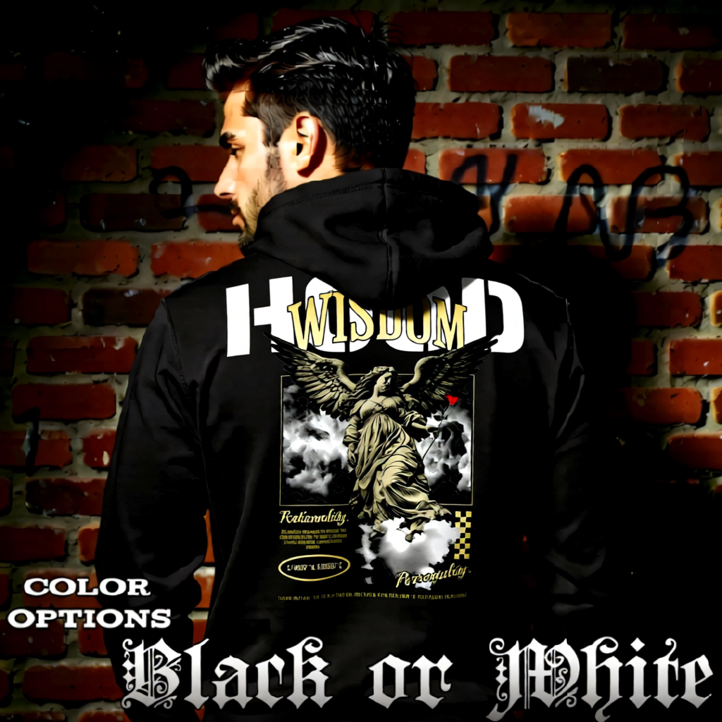 Model wearing gothic angel graphic oversized hoodie with dark art design. 