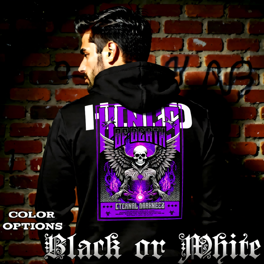 Model wearing gothic angel graphic oversized hoodie with dark art design. 