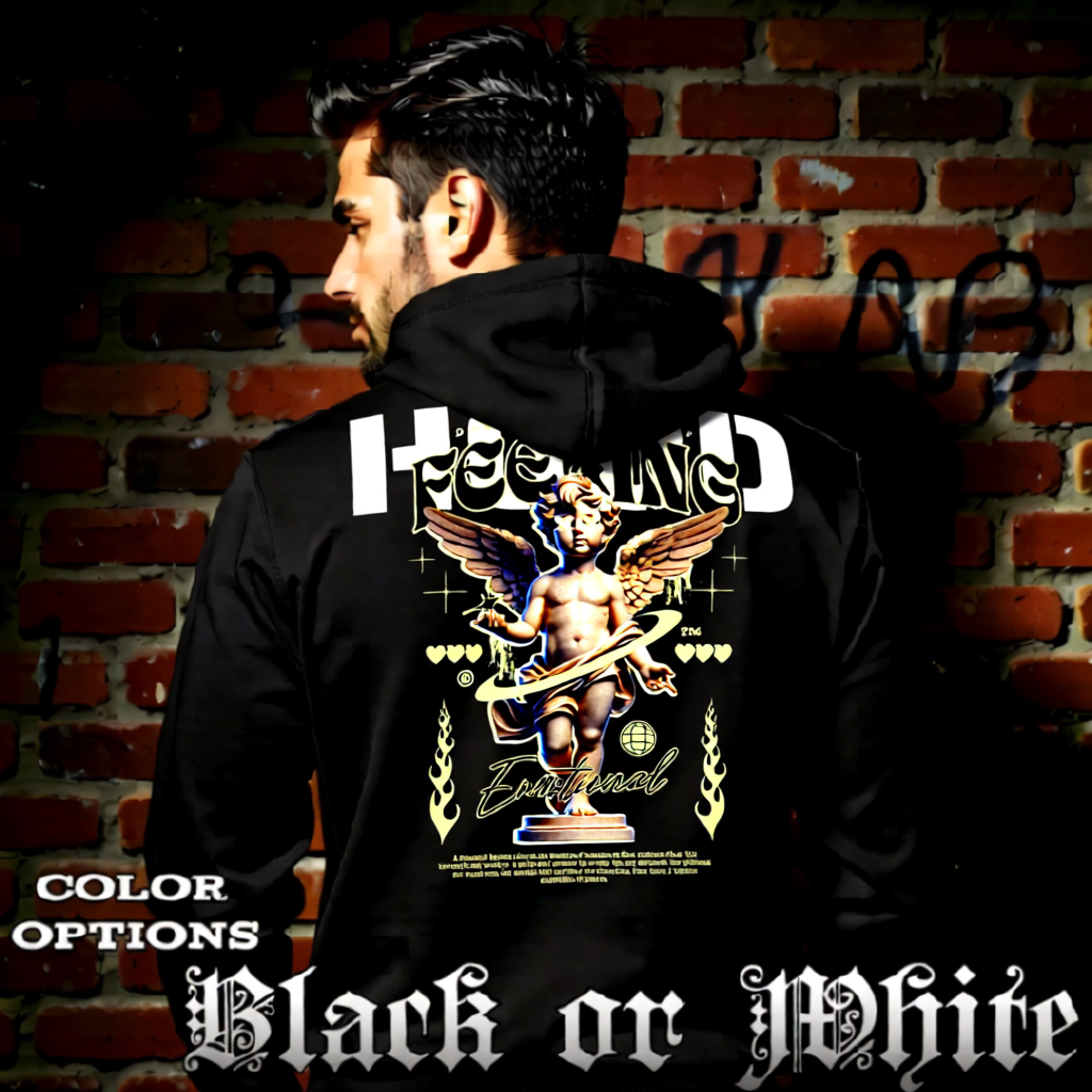 Model wearing gothic angel graphic oversized hoodie with dark art design. 