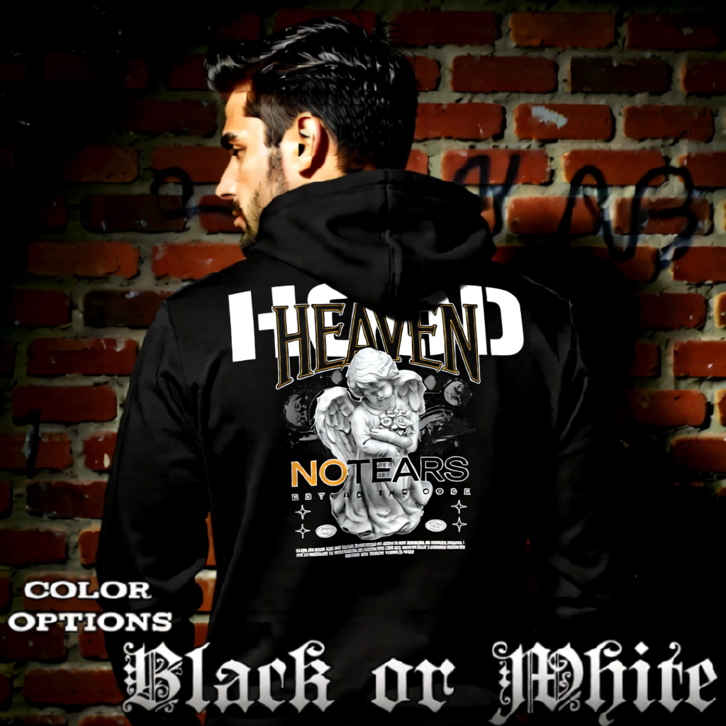 Model wearing gothic angel graphic oversized hoodie with dark art design. 