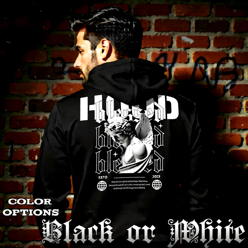 Model wearing gothic angel graphic oversized hoodie with dark art design. 