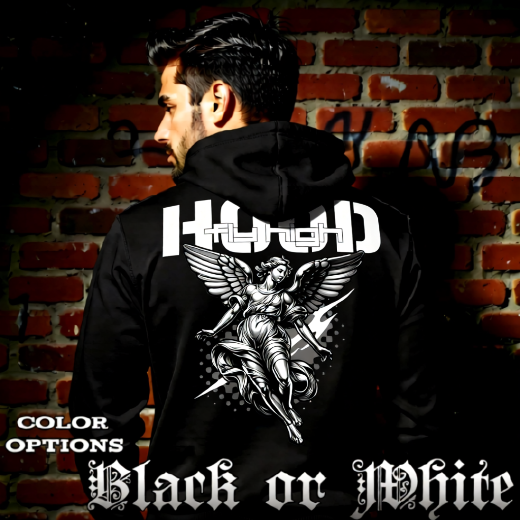 Model wearing gothic angel graphic oversized hoodie with dark art design.