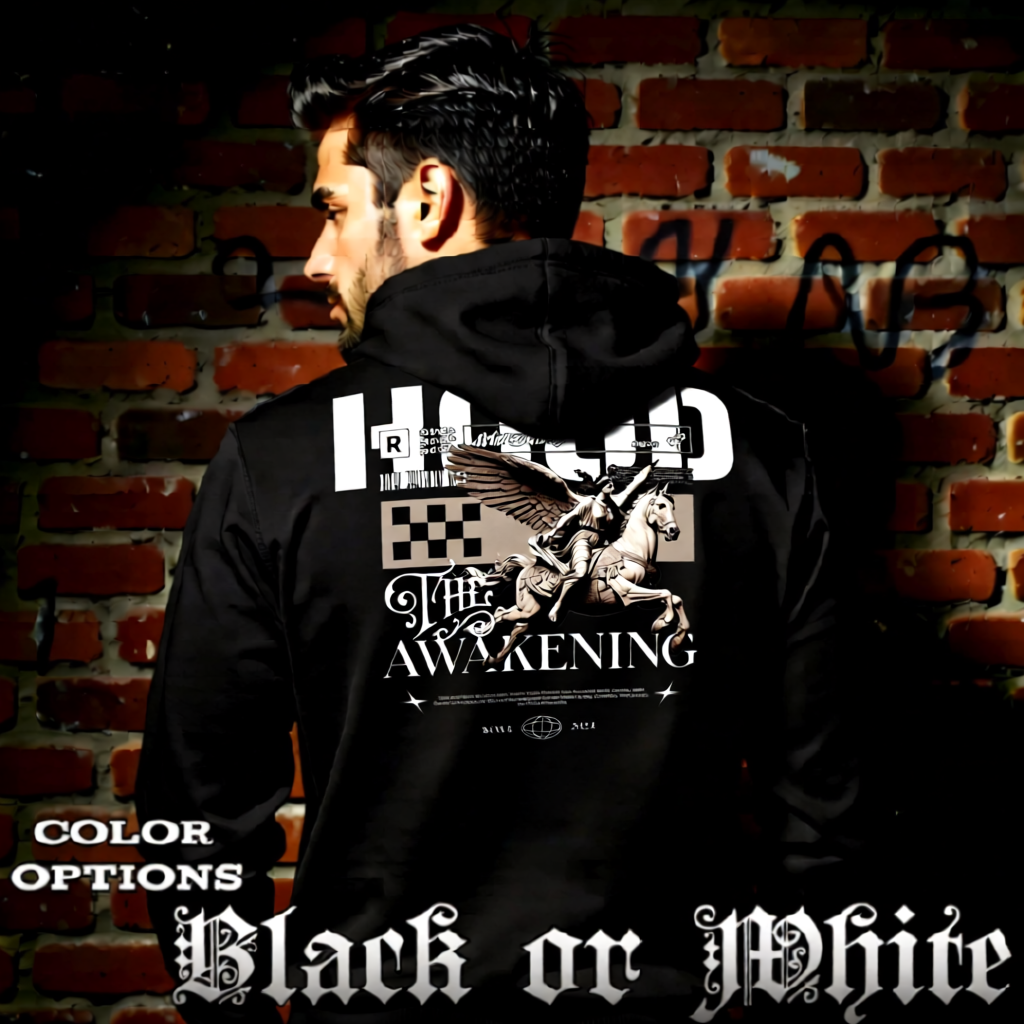 Model wearing gothic angel graphic oversized hoodie with dark art design.