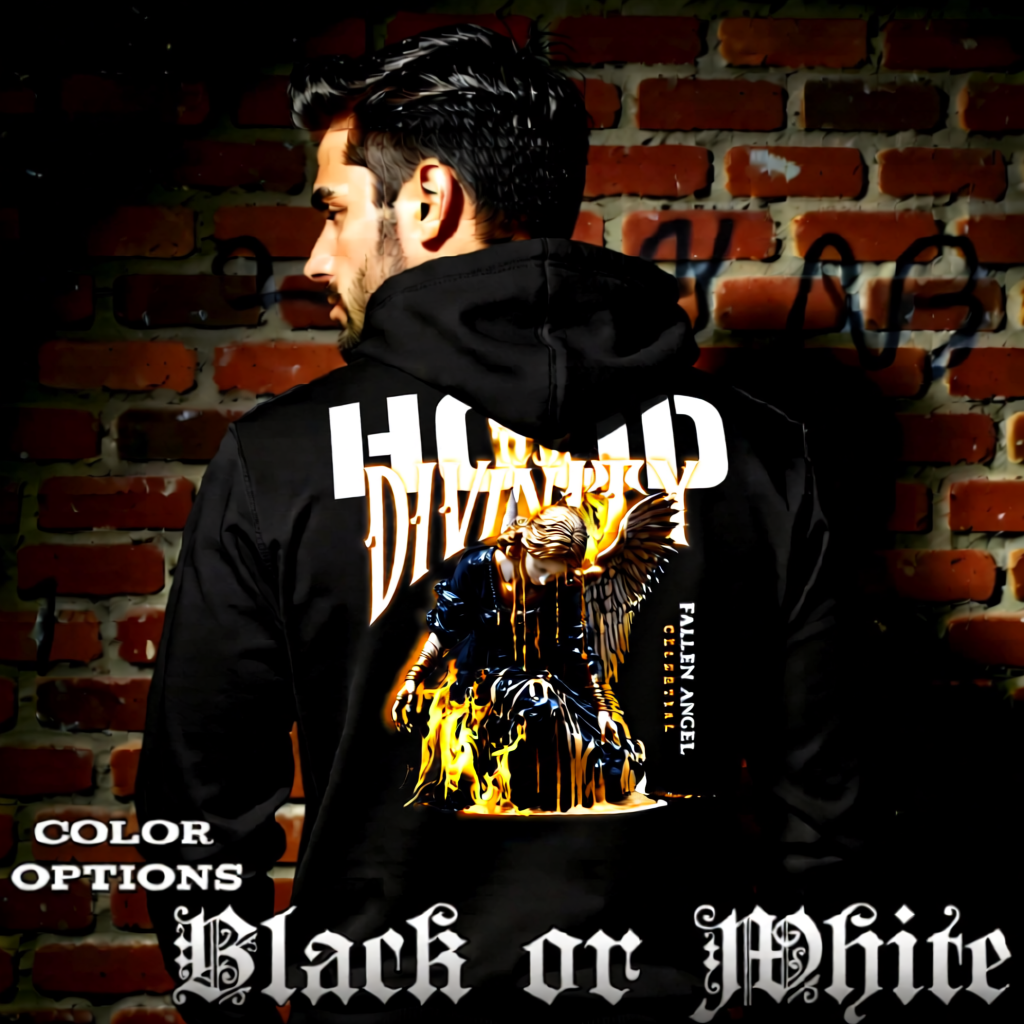 LOST DIVINITY fallen angel kneeling statue with melting gold black graphic oversized hoodie by Project Hood