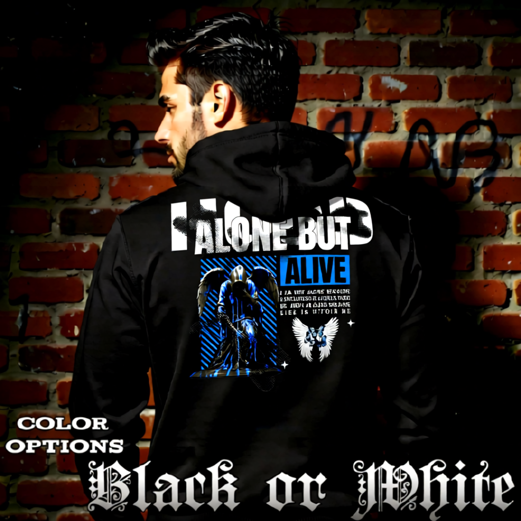 Model wearing gothic angel graphic oversized hoodie with dark art design. 