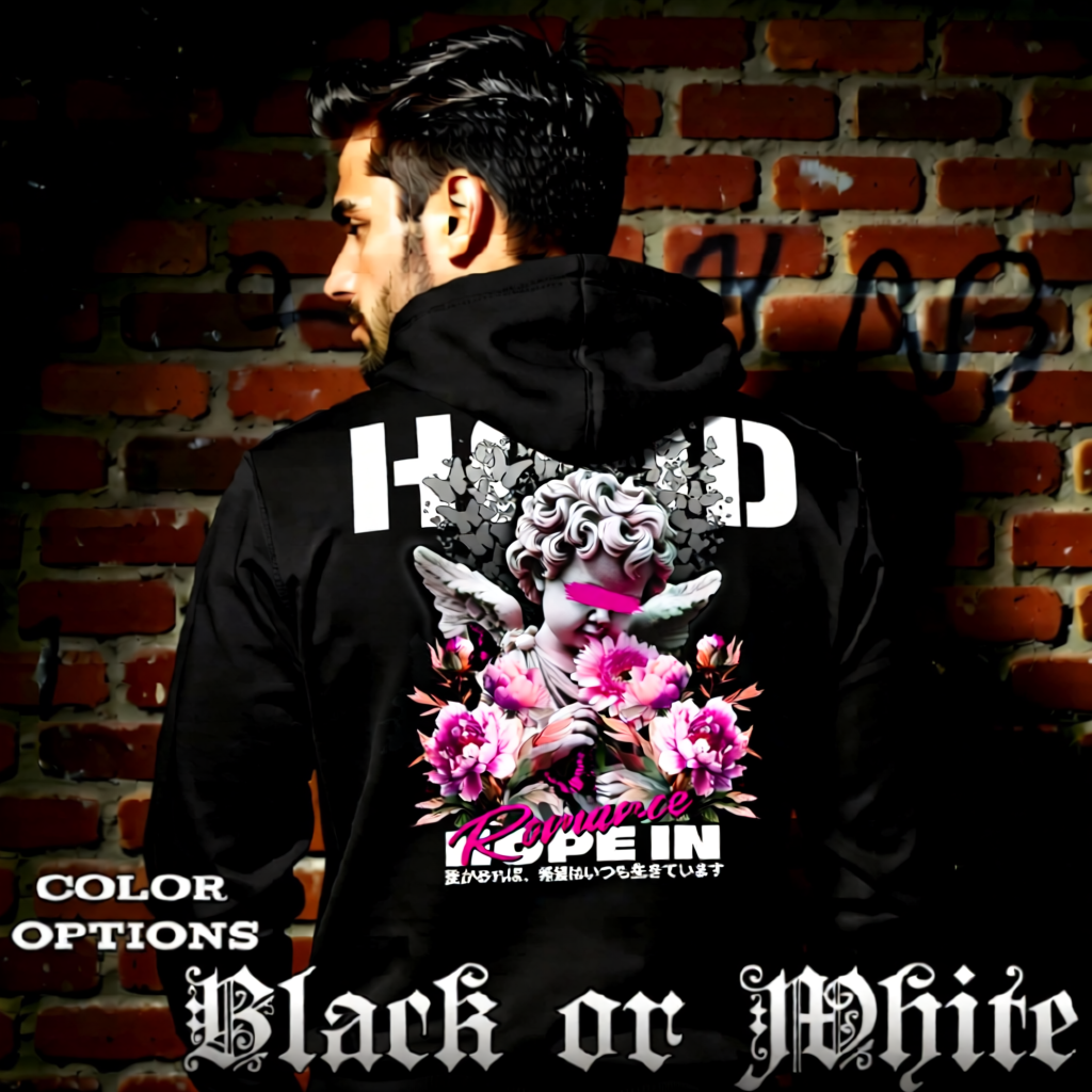 Model wearing gothic angel graphic oversized hoodie with dark art design. 
