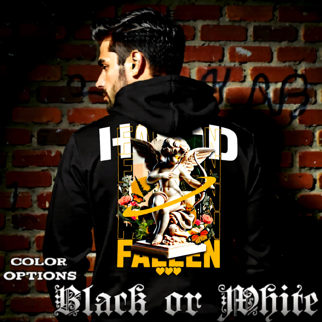 Model wearing gothic angel graphic oversized hoodie with dark art design. 