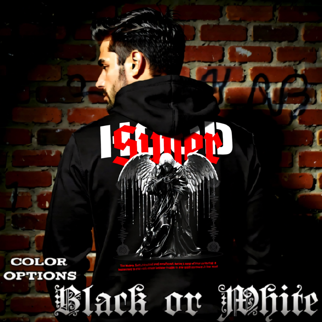 Model wearing gothic angel graphic oversized hoodie with dark art design. 