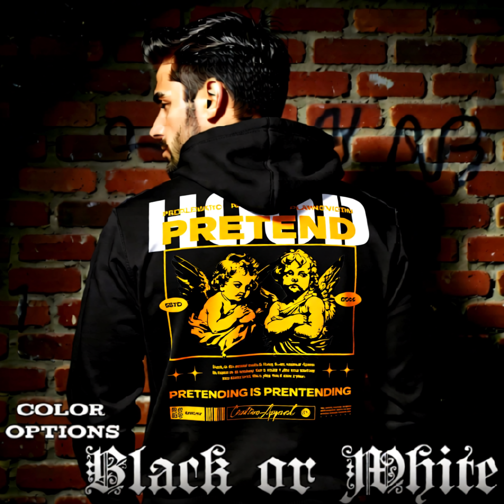 Model wearing gothic angel graphic oversized hoodie with dark art design. 