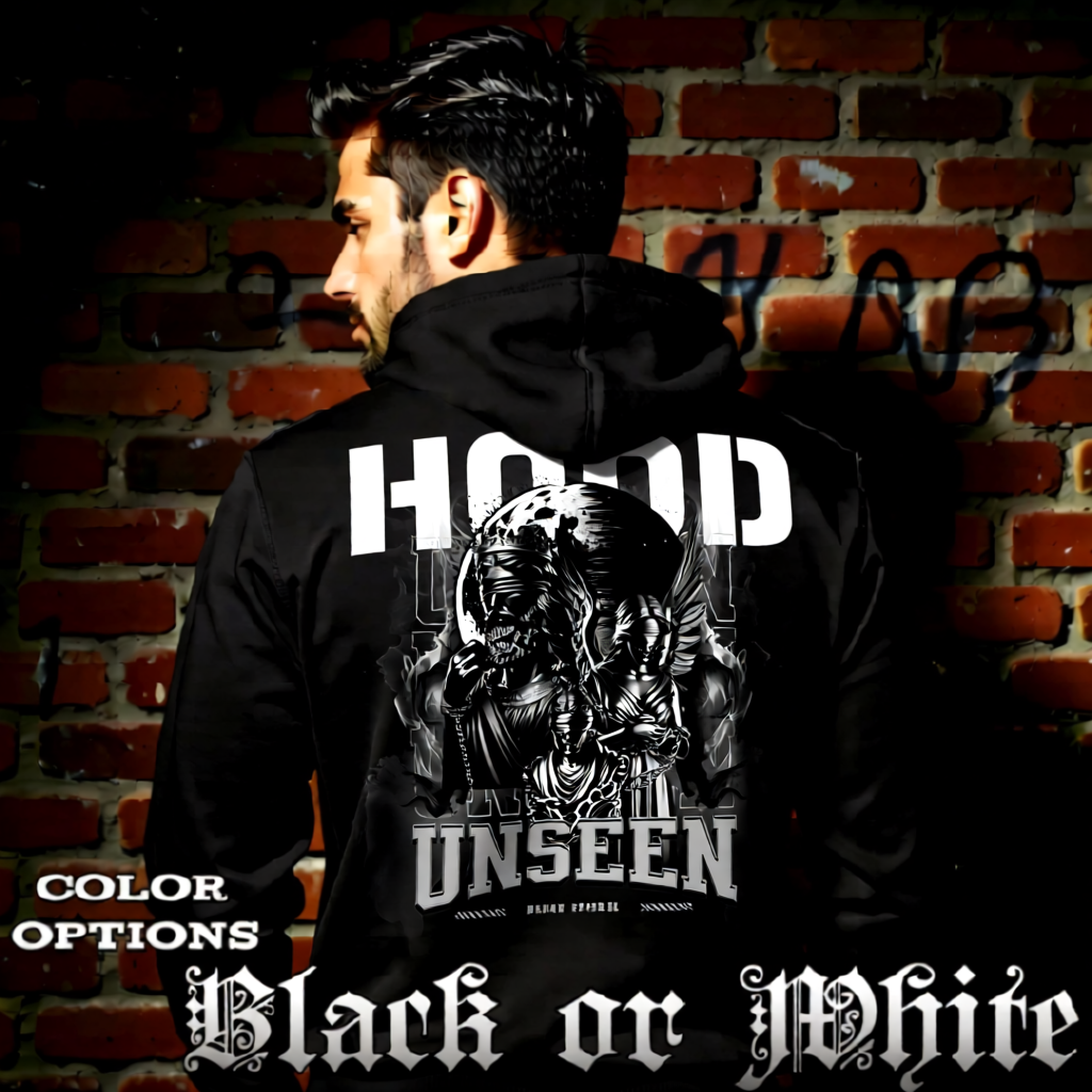 Model wearing gothic angel graphic oversized hoodie with dark art design. 