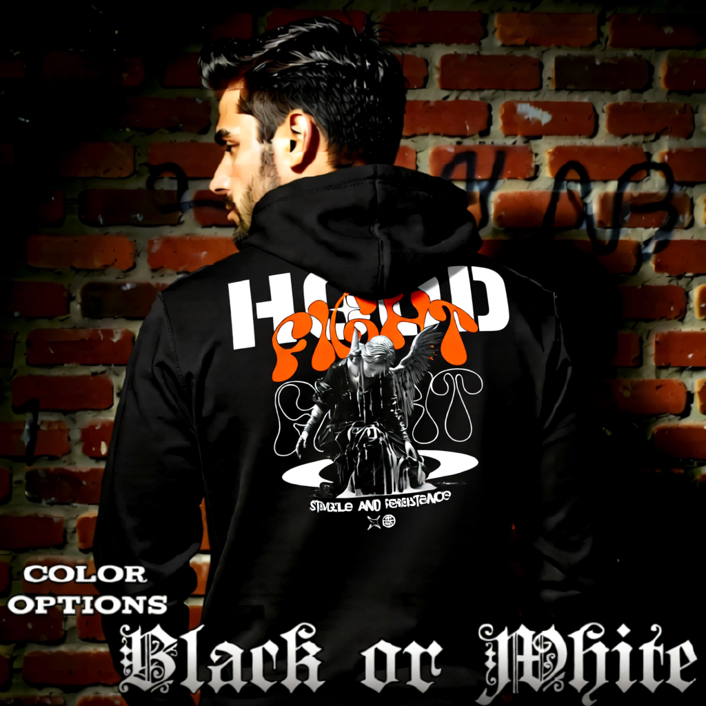 Model wearing gothic angel graphic oversized hoodie with dark art design. 