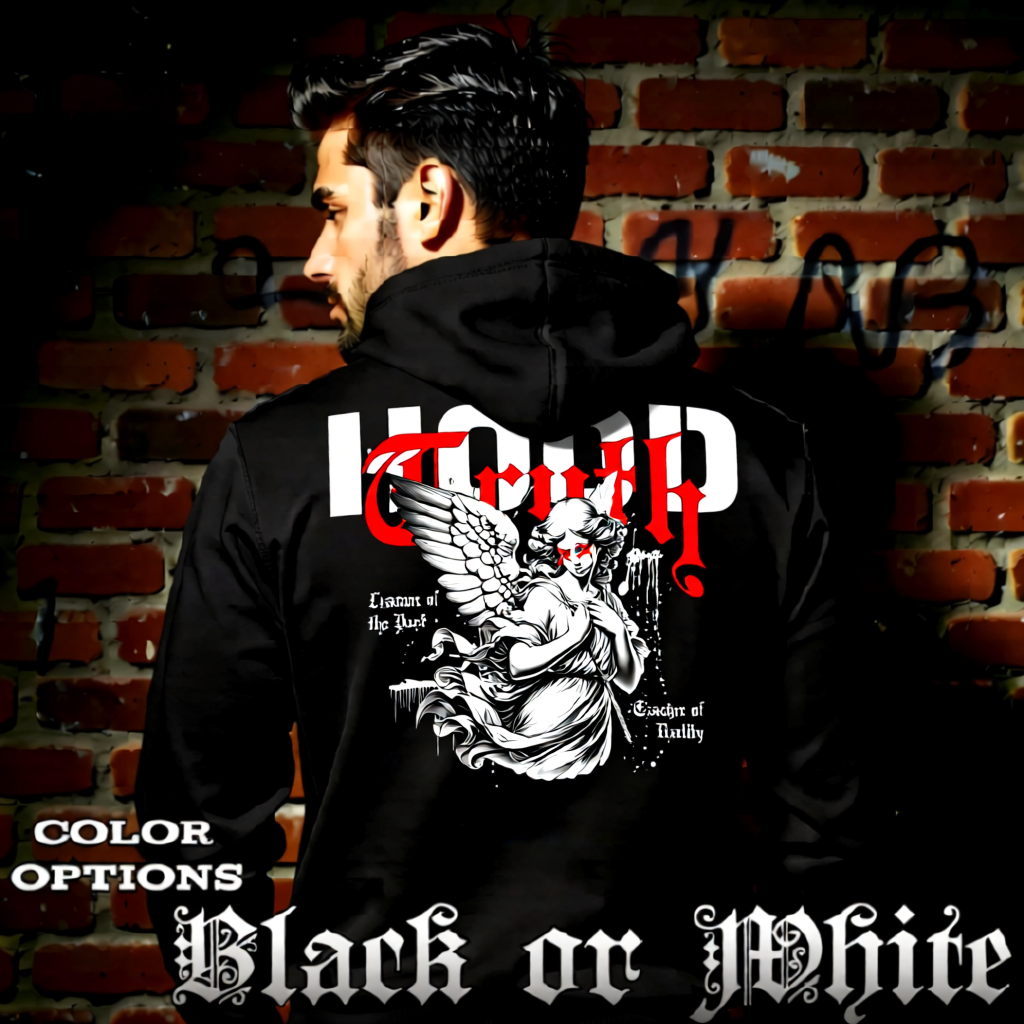 Model wearing gothic angel graphic oversized hoodie with dark art design. 