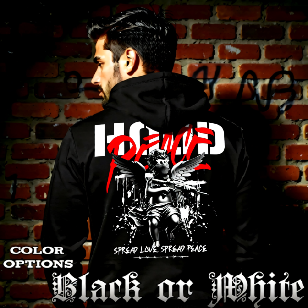 Model wearing gothic angel graphic oversized hoodie with dark art design. 