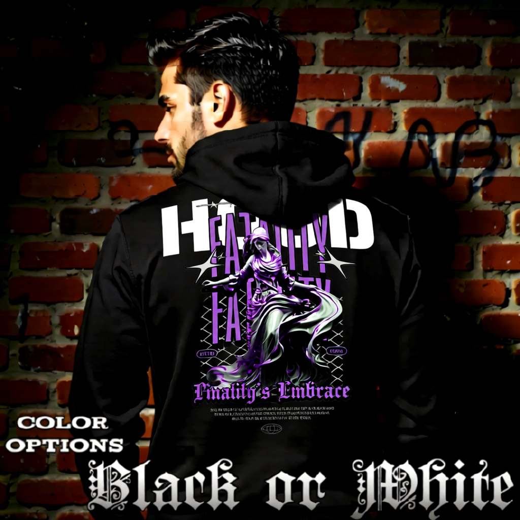 Model wearing gothic angel graphic oversized hoodie with dark art design. 