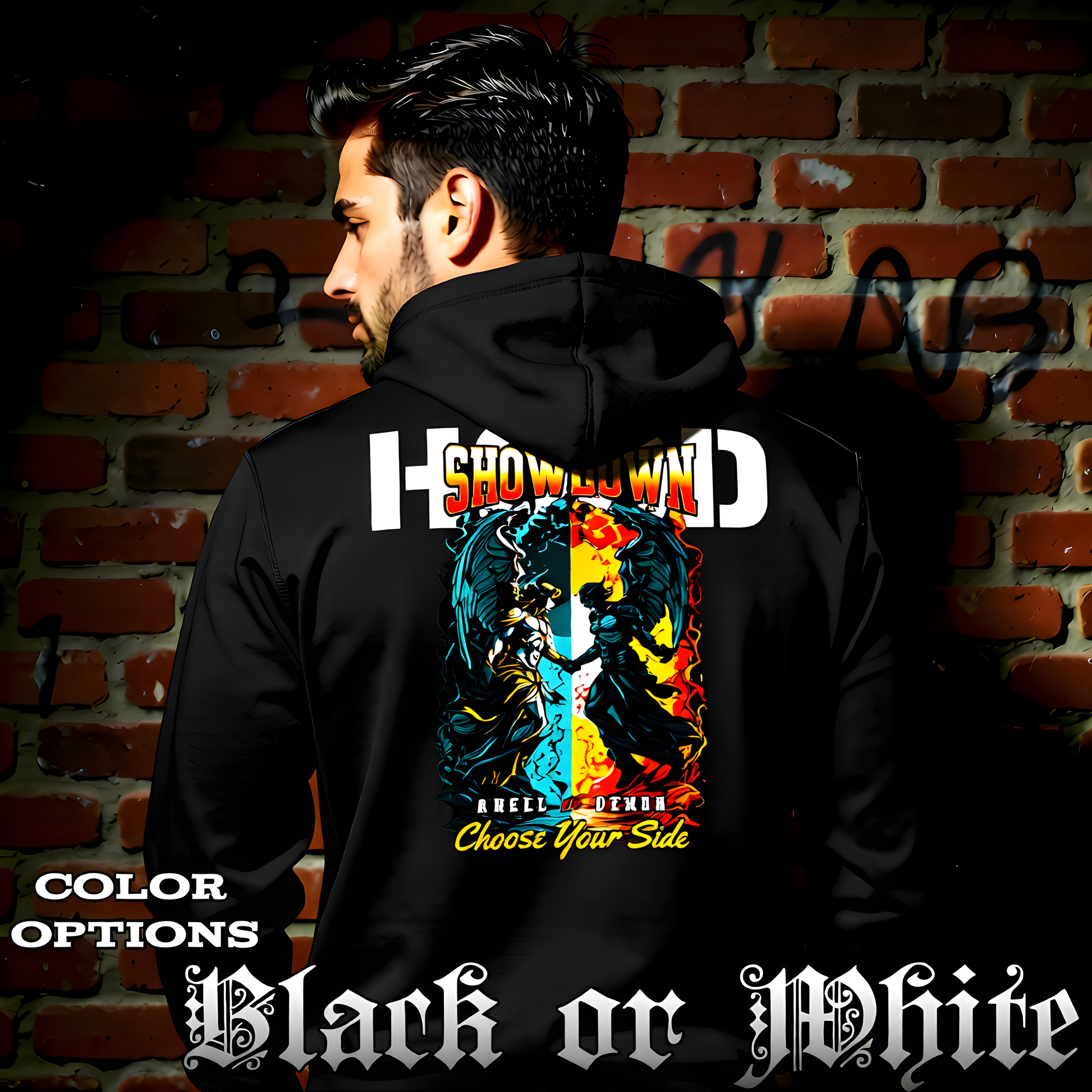 CELESTIAL SHOWDOWN angel vs demon battle split-field graphic oversized black hoodie Project Hood