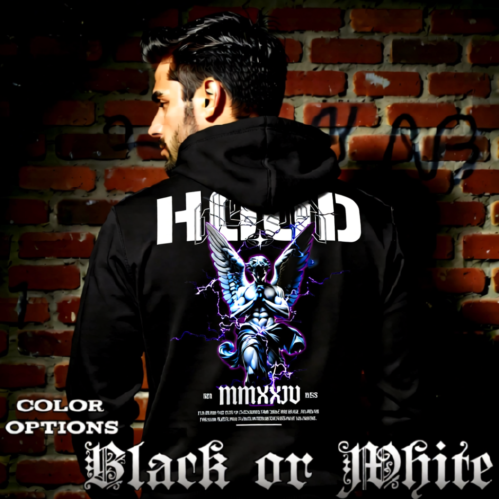 Model wearing gothic angel graphic oversized hoodie with dark art design. 