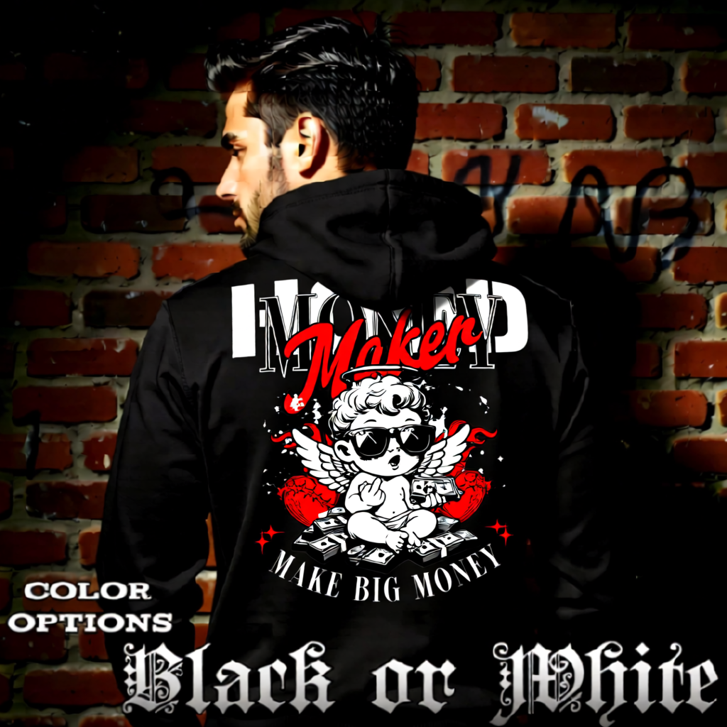 Model wearing gothic angel graphic oversized hoodie with dark art design. 