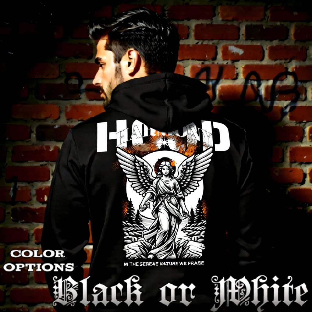 Model wearing gothic angel graphic oversized hoodie with dark art design. 